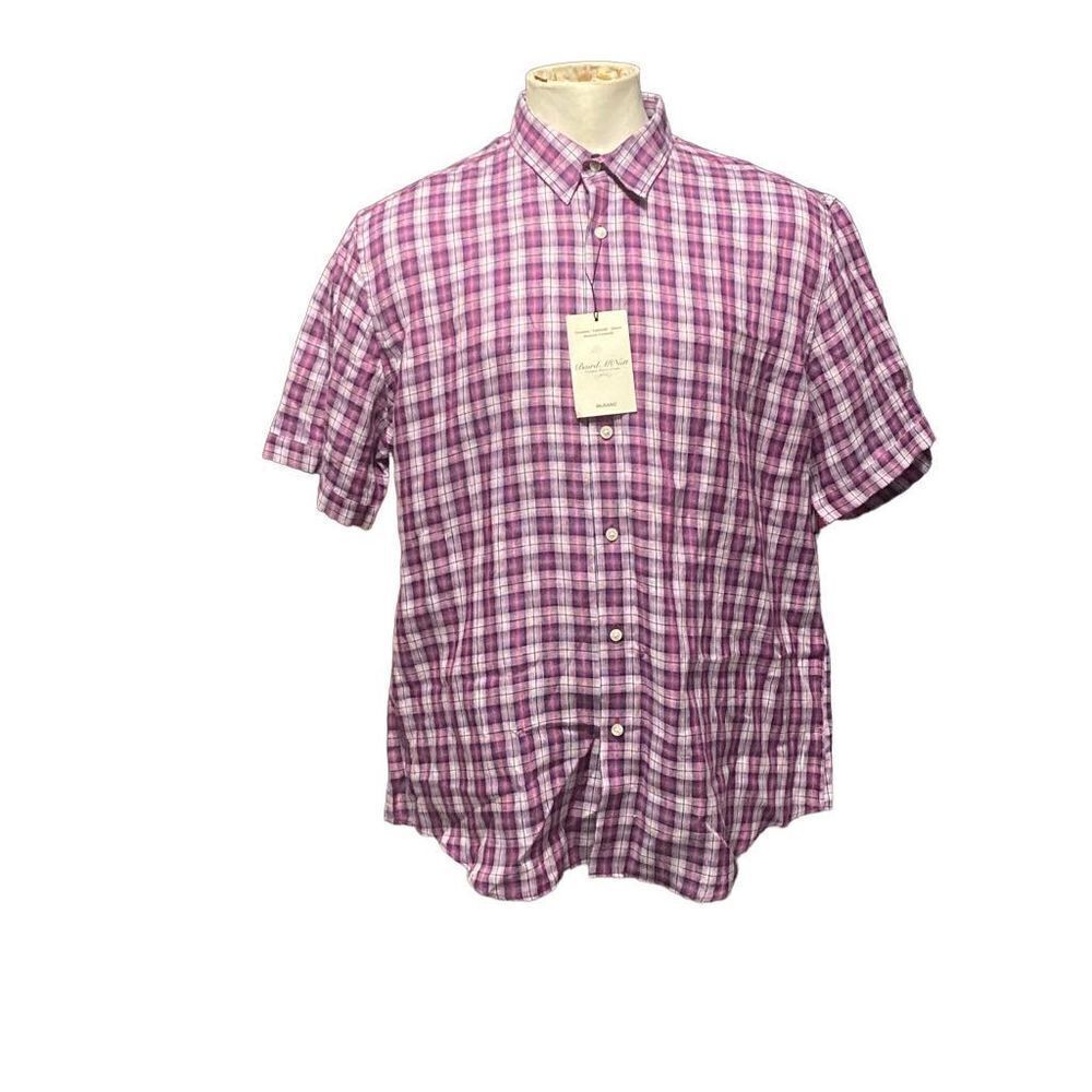 Baird McNutt Murano Linen Purple Plaid Short Sleeve  Button Front Shirt Size XL